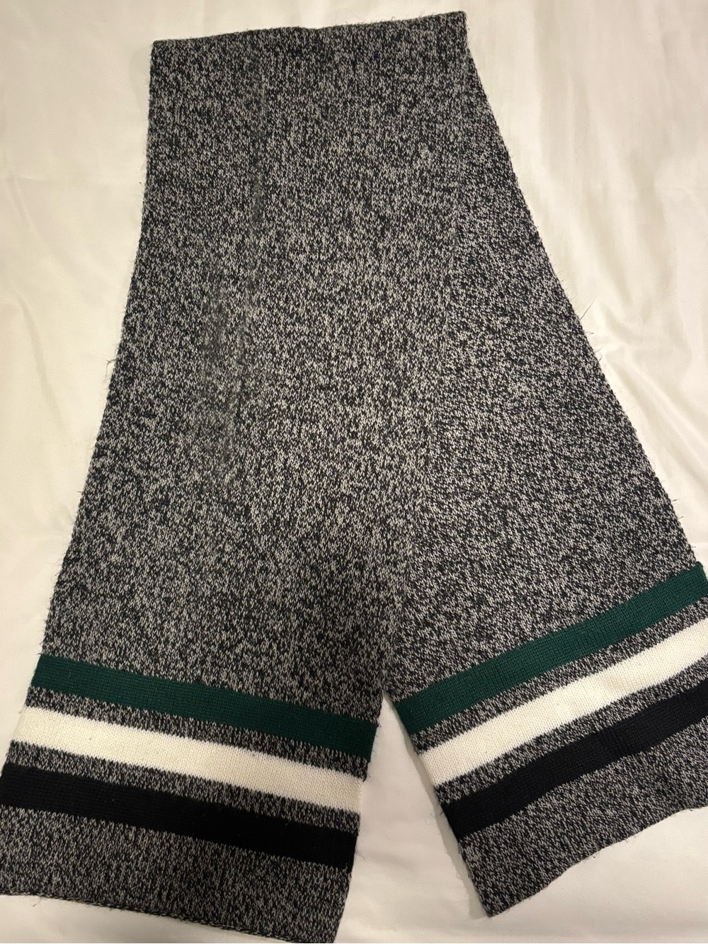 Grey Knit Scarf with Green & White Stripe